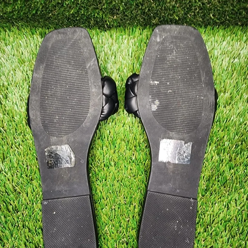 SHOE DAZZLE | Luxury Brand Inspired Black Faux Leather Flats Sandals - Picture 2 of 4